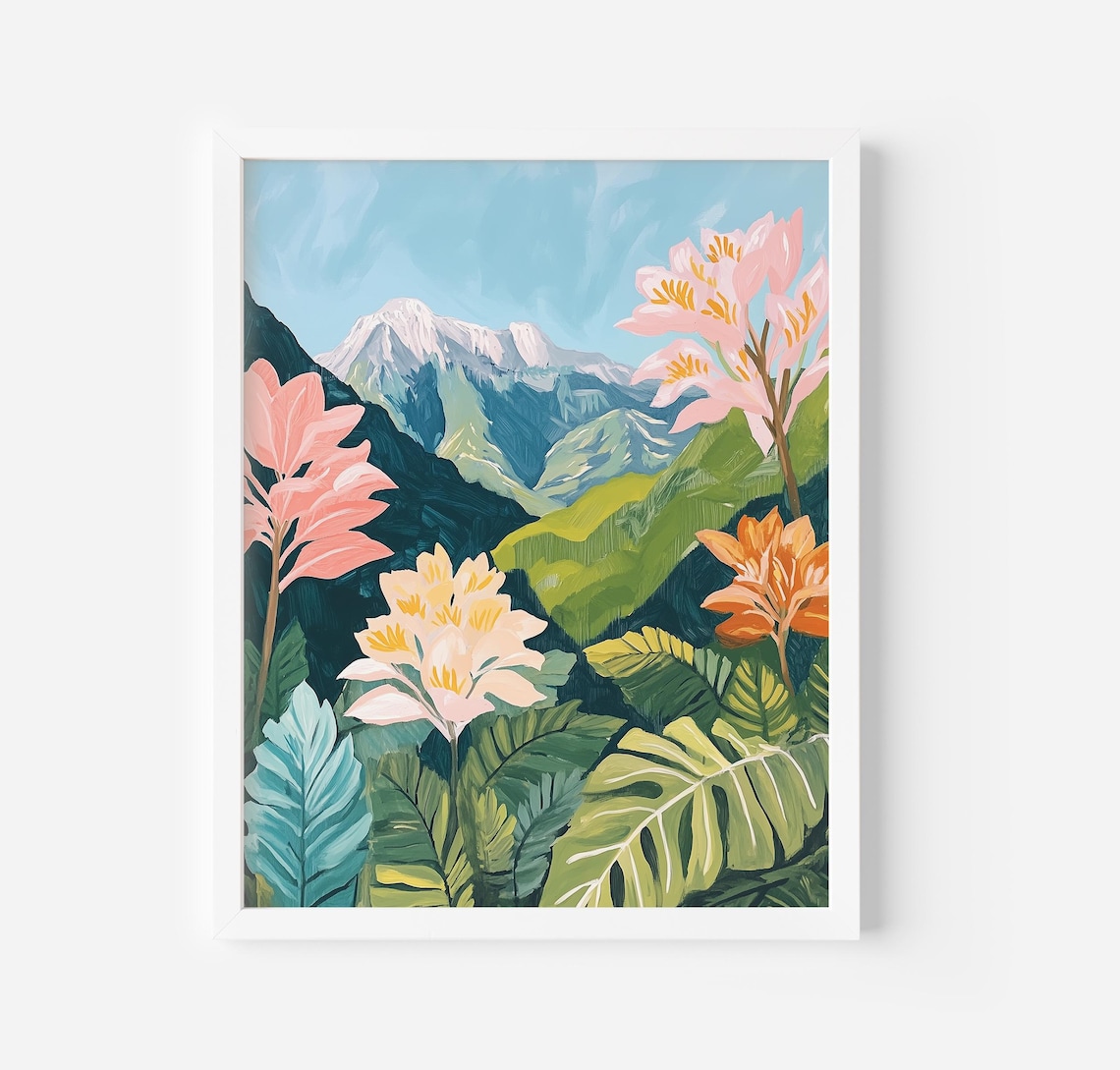 Tropical Landscape Art Print, Pastel Tree Mountain