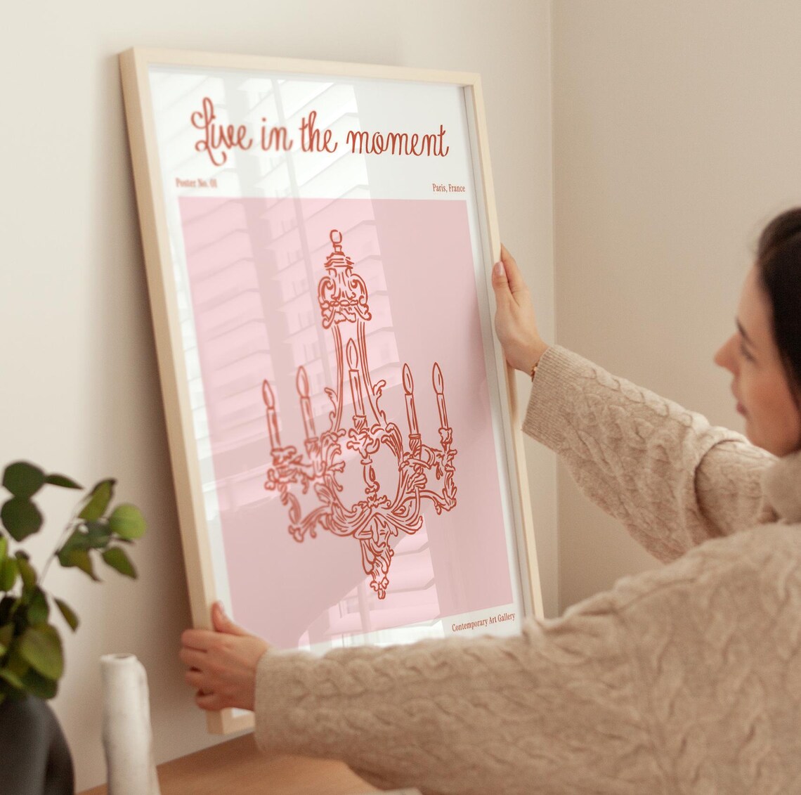 Live in the Moment Pink Chandelier Line Art Trendy French Quote Wall Poster - Image 4