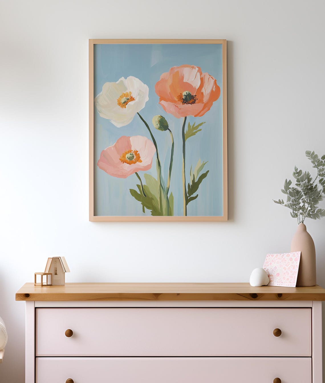 Coral and White Poppy Flowers on Pale Blue Botanical Art Poster - Image 2