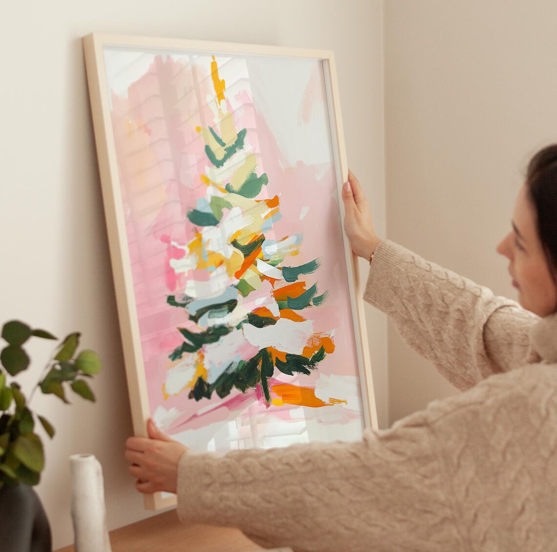 Modern Abstract Christmas Tree Pink Green Brushstroke Art Poster - Image 3