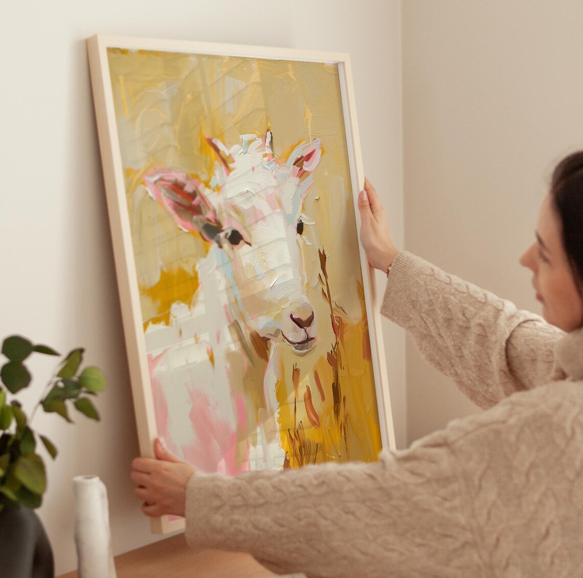Sweet Baby Goat Portrait In Golden Pastel Farmhouse Art Poster - Image 3