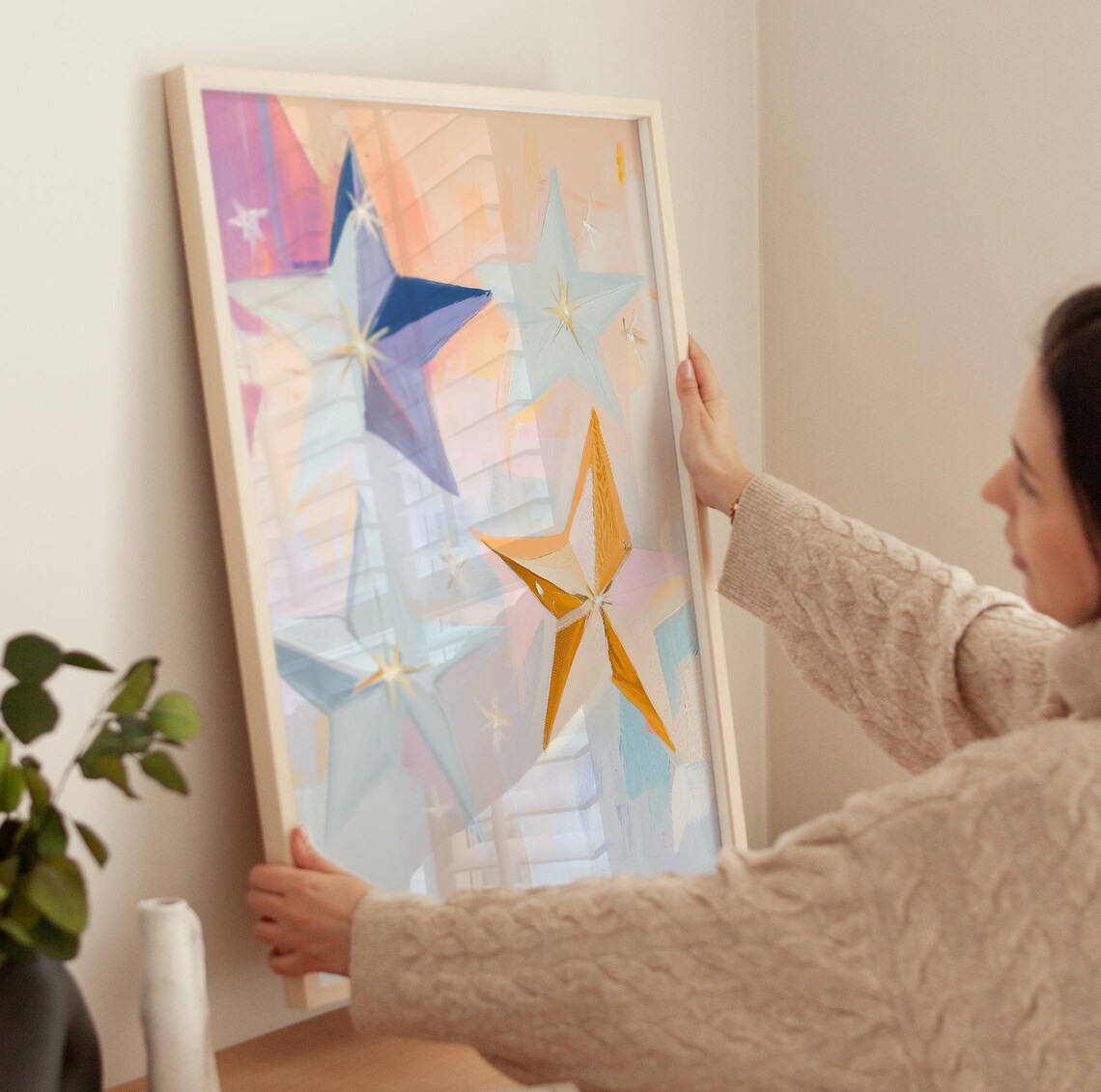 Bold Starburst Blue Gold Stars Modern Abstract Art Painting Poster