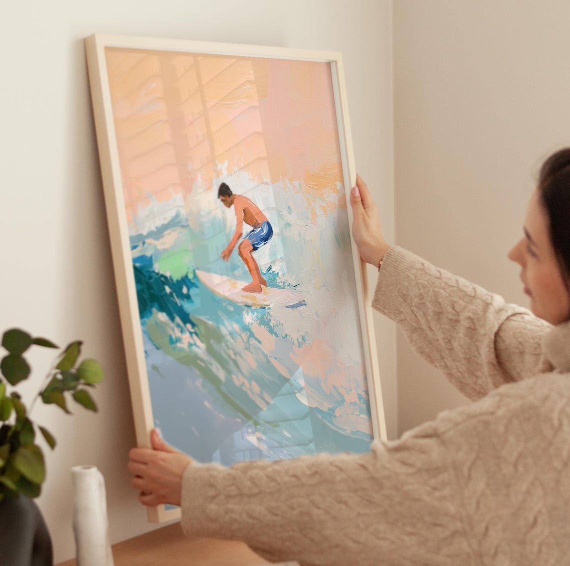 Surfer Riding Turquoise Wave Pastel Sunset Ocean Painting Poster - Image 3