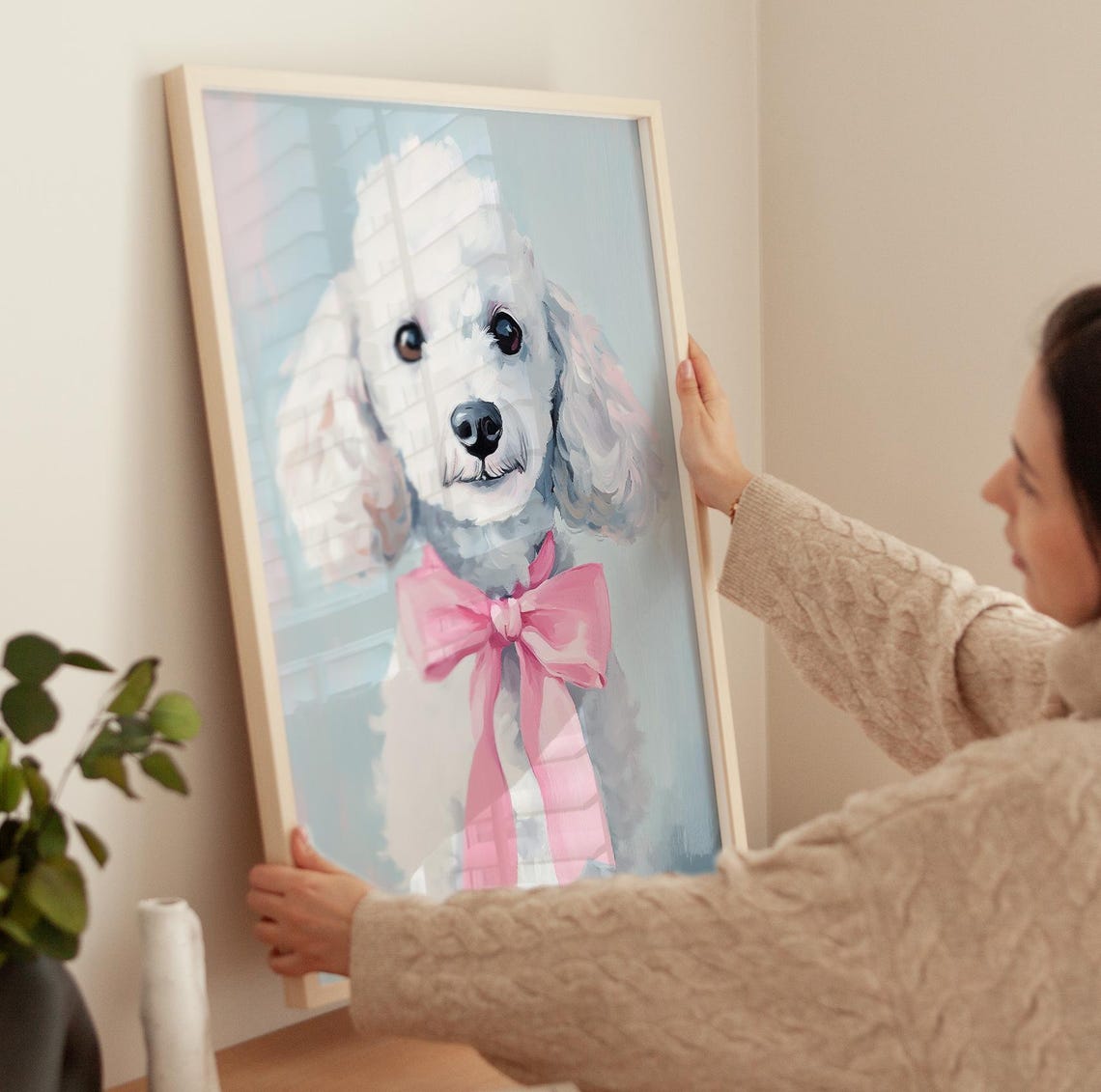 White Poodle Portrait With Pink Satin Bow Sweet Puppy Poster - Image 3