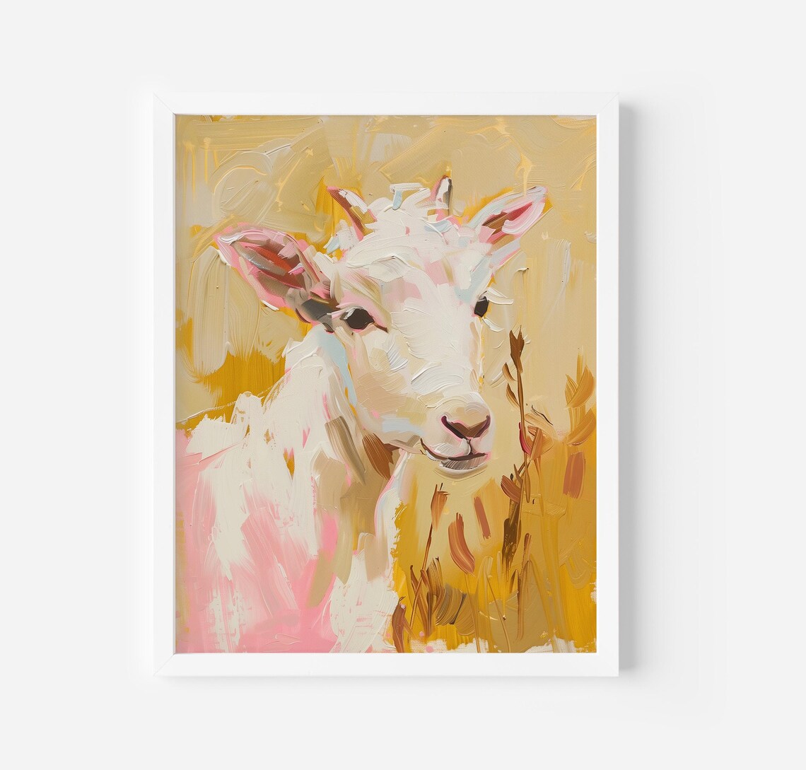 Sweet Baby Goat Portrait In Golden Pastel Farmhouse Art Poster