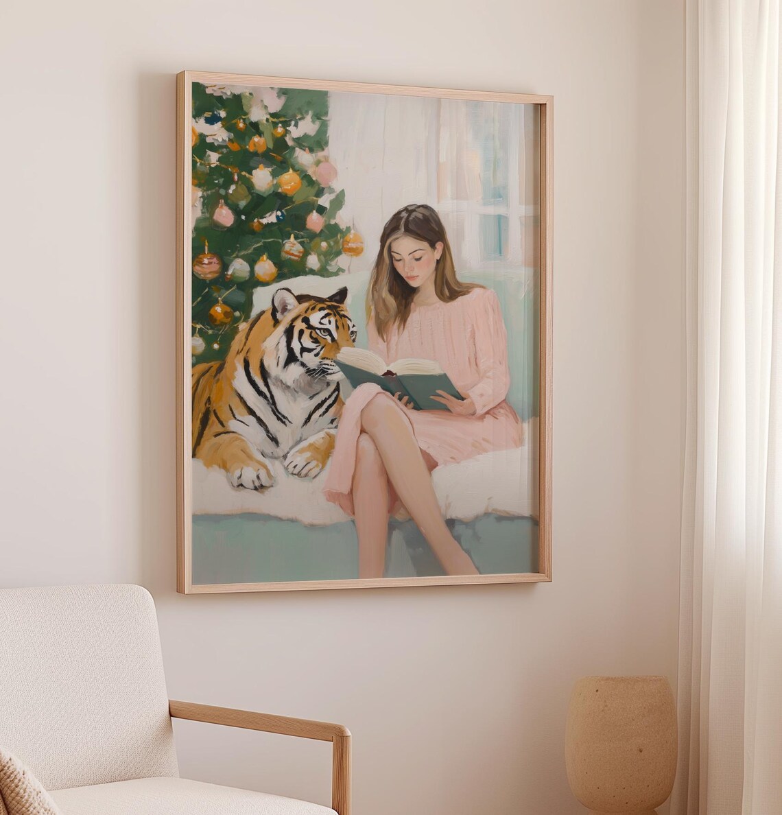 Woman Reading A Book Beside A Tiger By The Christmas Tree Poster - Image 3