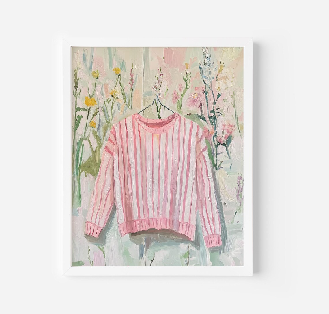 Pink Striped Sweater on Floral Wallpaper Cozy Fashion Illustration Poster