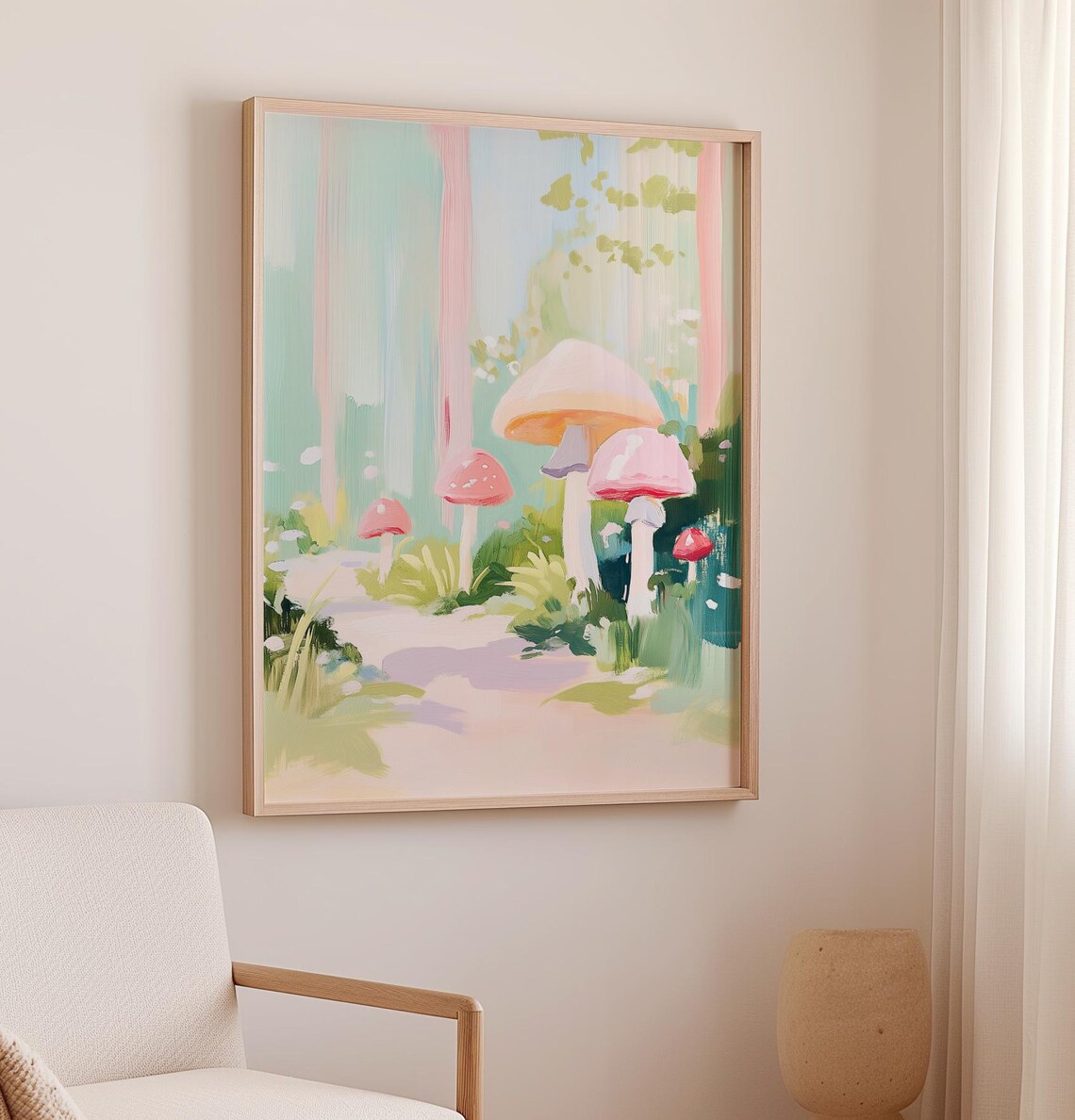 Mushroom Forest Pastel Whimsical Woodland Dreamy Painting Poster - Image 2