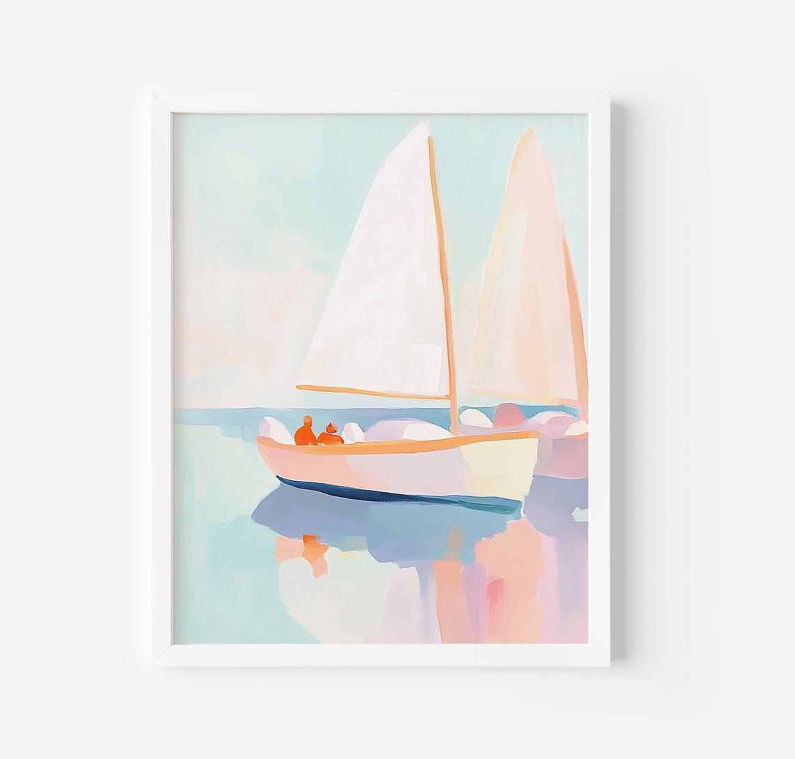 Pastel Sailboat Calm Water Coastal Regatta Sailing Art Poster
