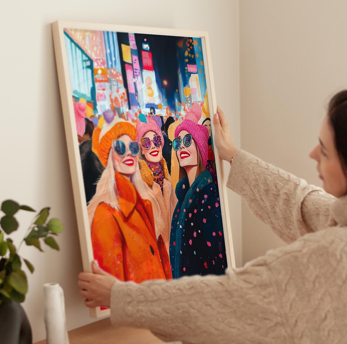 Friends Winter Night Colorful City Celebration Painting Art Poster - Image 3