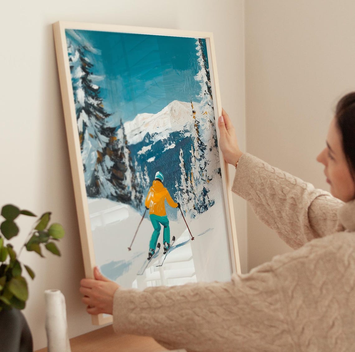 Skier In Orange Jacket Descending A Snowy Mountain Slope Poster - Image 3