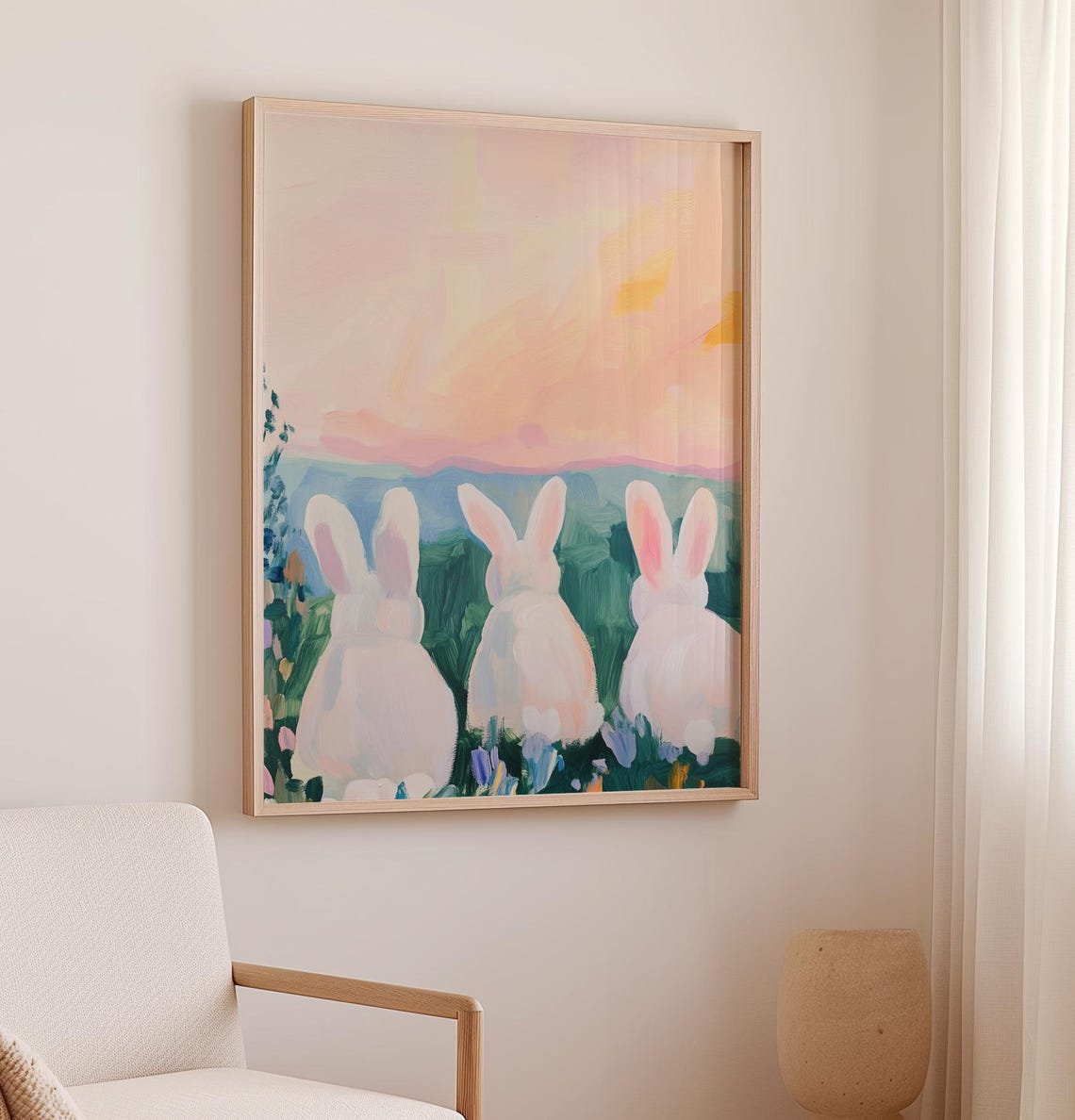 Three White Bunnies Watching Pink Sunset Meadow Spring Art Poster - Image 2