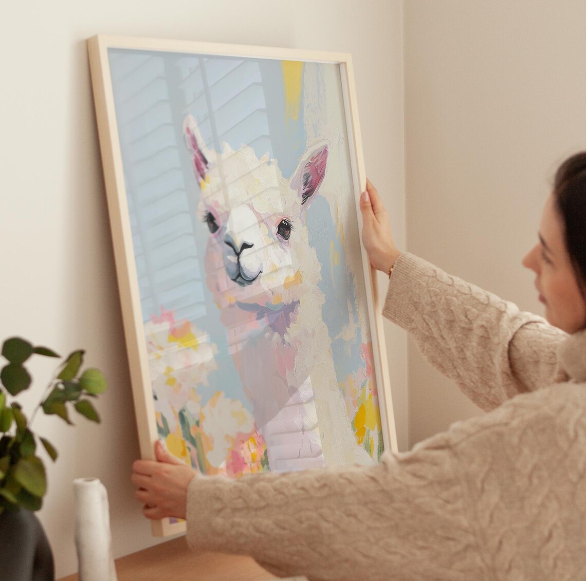 White Llama Portrait With Colorful Wildflowers Pastel Nursery Poster - Image 3