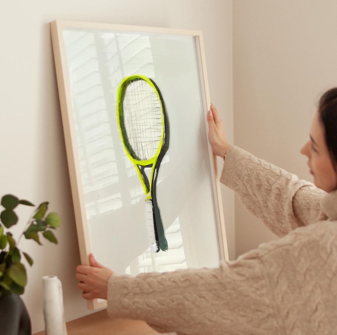 Neon Yellow Tennis Racket Minimalist Sporty Modern Wall Decor Poster - Image 3