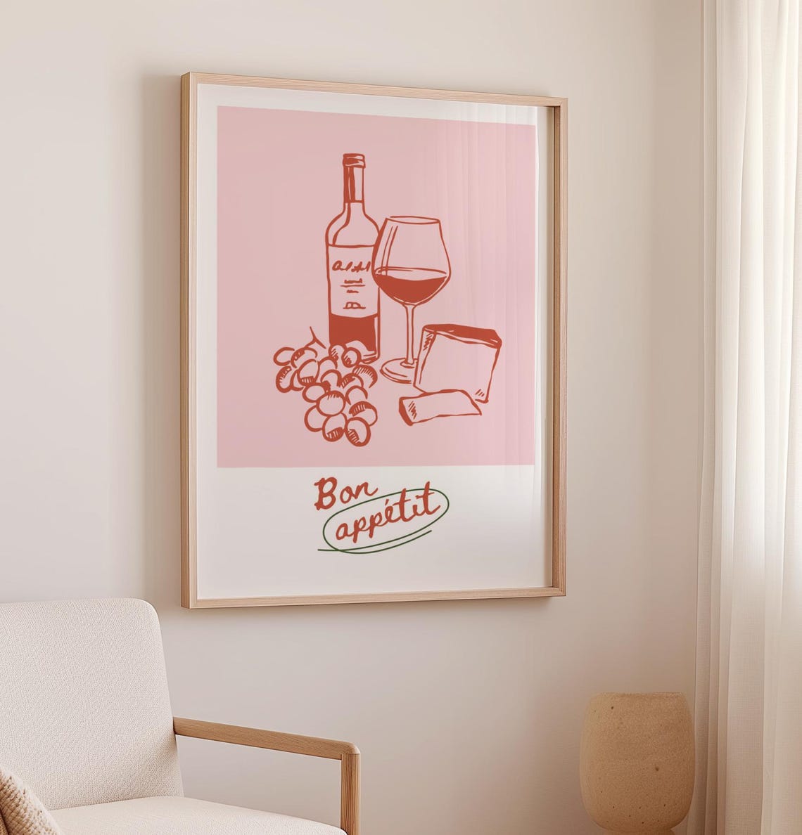 Bon Appetit Wine Cheese and Grapes Pink French Kitchen Wall Art Poster - Image 3