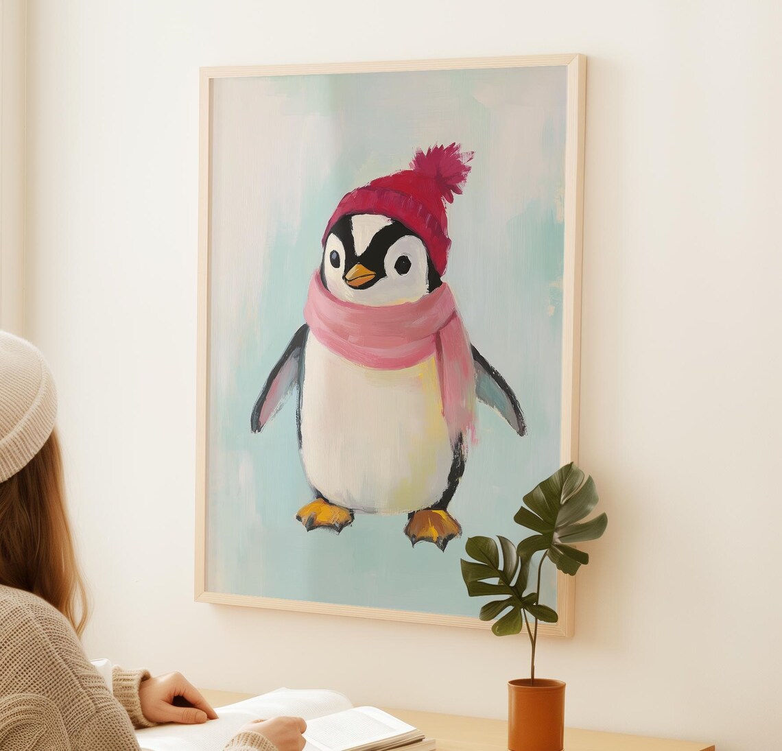 Cute Baby Penguin In Red Knit Hat With Pink Scarf Winter Poster - Image 3
