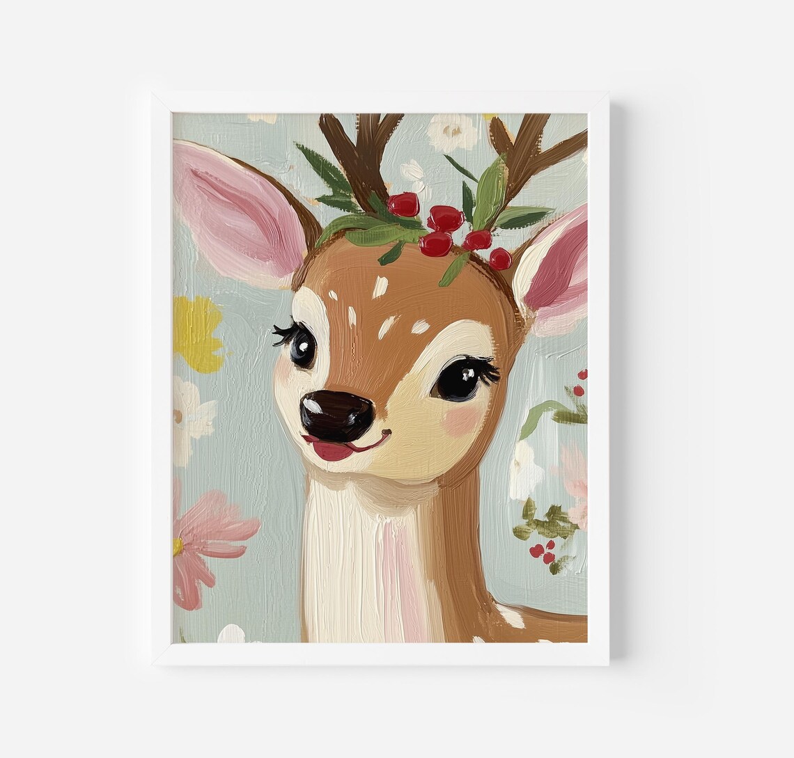 Smiling Reindeer With Berry Crown Floral Nursery Christmas Poster