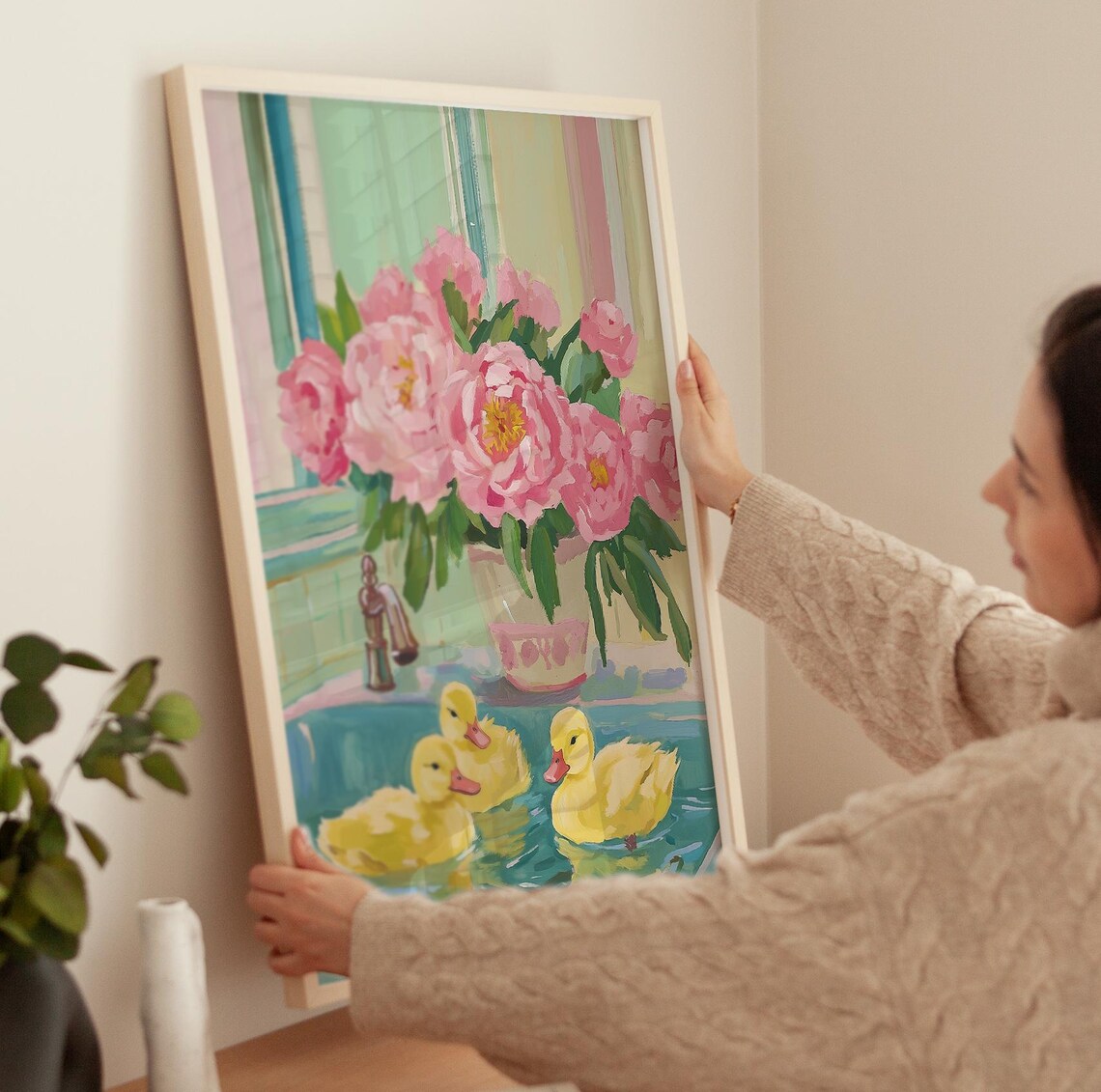 Ducks In The Bathtub Art Print, Pink Roses Bathroom Decor - Image 4