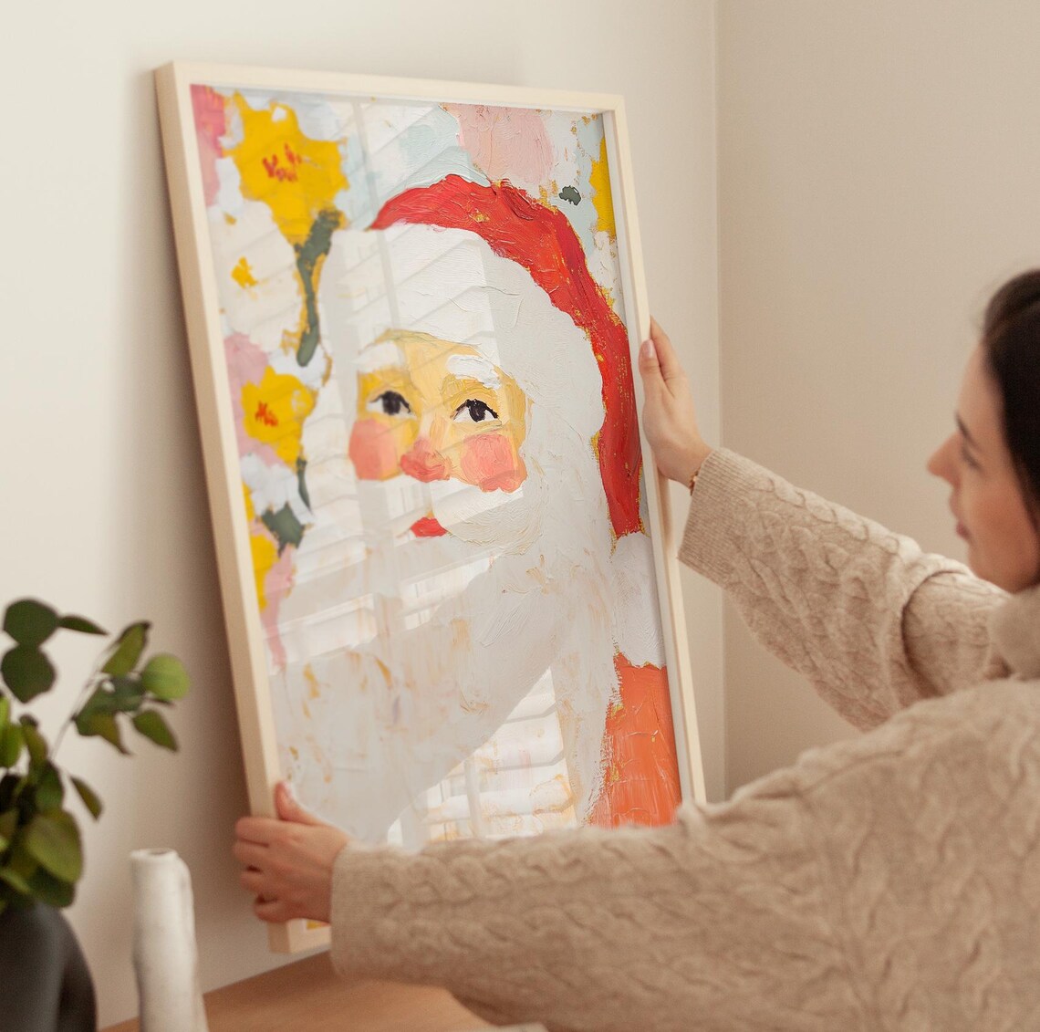 Vintage Santa Claus Portrait Textured Oil Painting Christmas Poster - Image 3