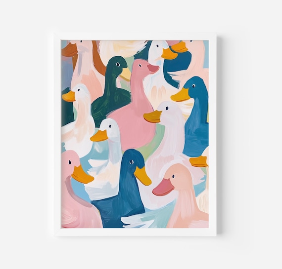 Pastel Colours Ducks Art Print Nature Wildlife Wall Art Cute Duck Decor Peaceful Animal For Home Or Nursery Retro Style Wall Art