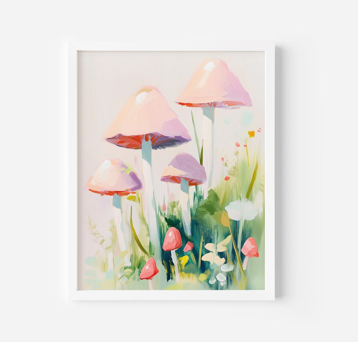 Tall Pastel Mushrooms In Forest Grass Boho Nursery Art Poster