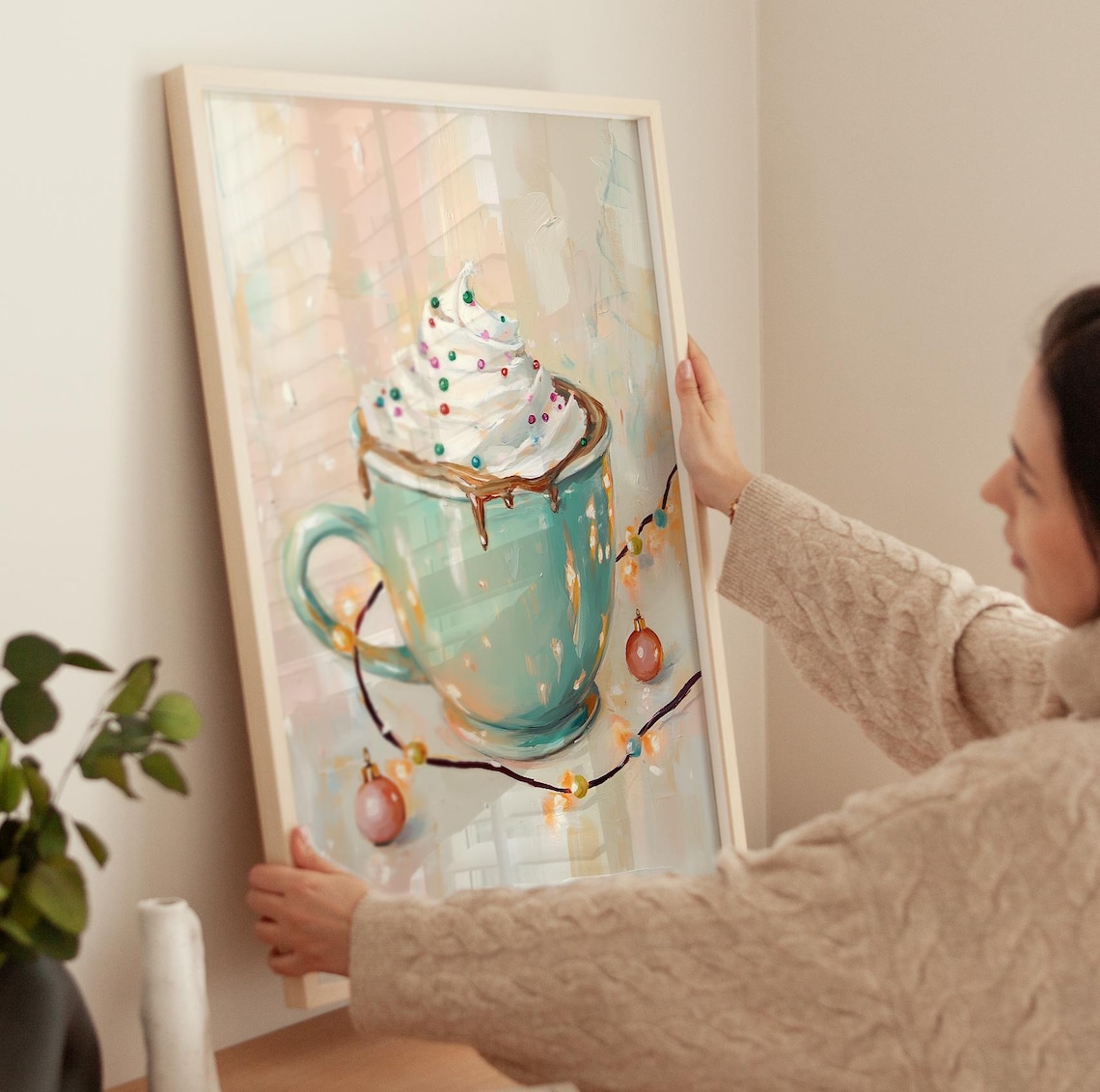 Teal Mug Of Hot Chocolate With Whipped Cream Christmas Art Poster - Image 3