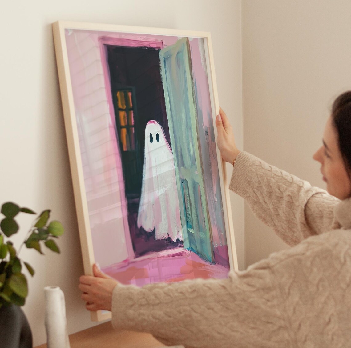 Cute Ghost In Pink Doorway Halloween Pastel Spooky Season Poster - Image 3