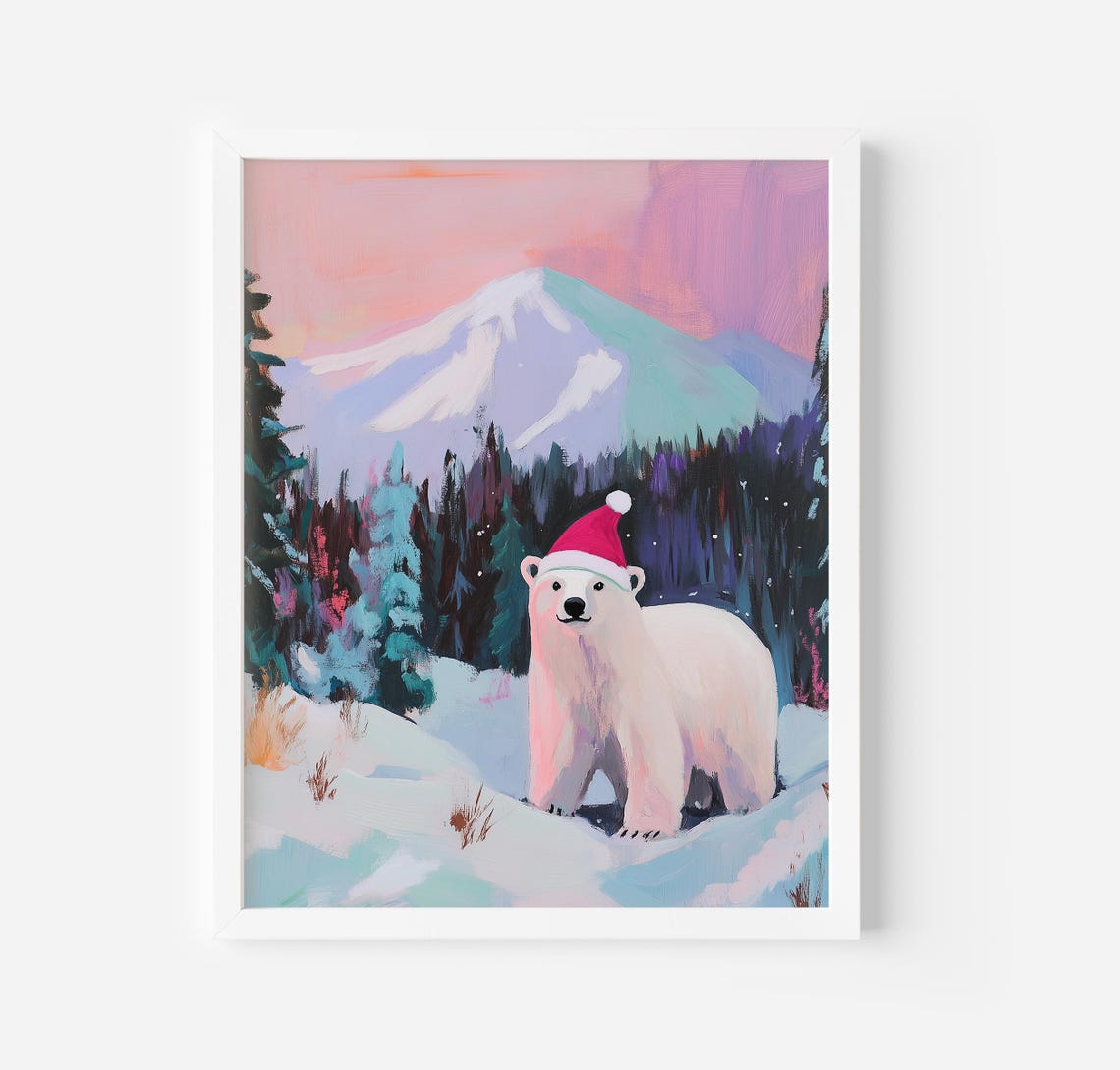 Polar Bear In Santa Hat In Snowy Mountain Winter Sunset Art Poster