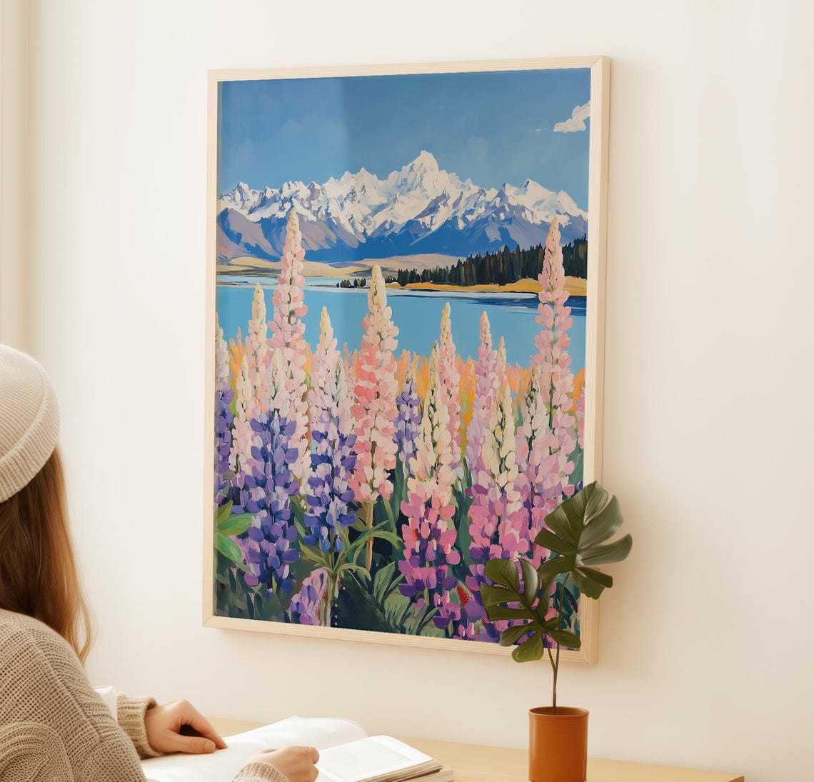 Snow Capped Mountains Lake With Pink Lupine Wildflowers Poster - Image 3