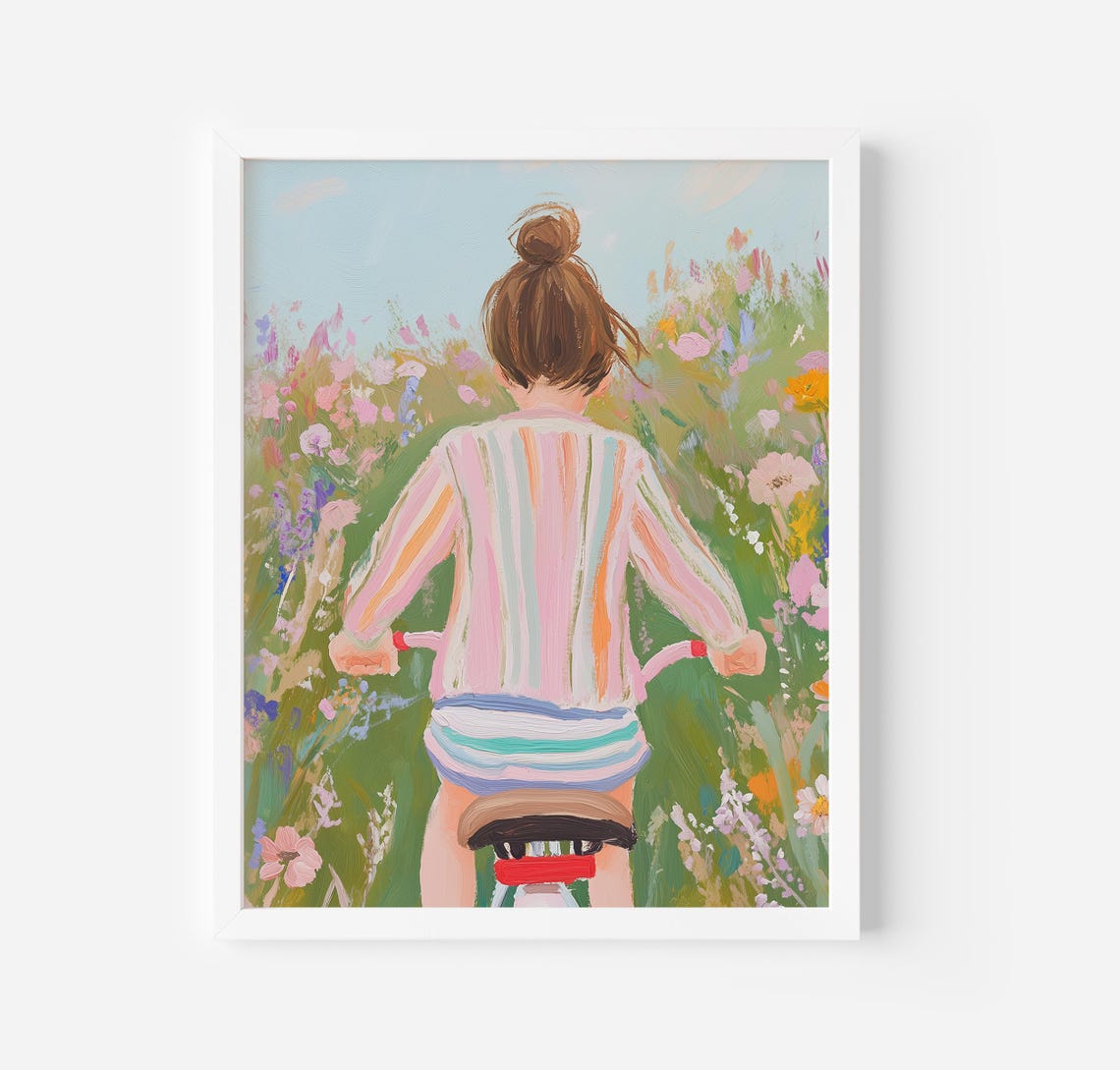 Girl Nursery Print Wildflower Nursery Art Vintage Girl Print Floral Painting Pastel Wall Decor Girls Room Art Girl And Bicycle Art Print