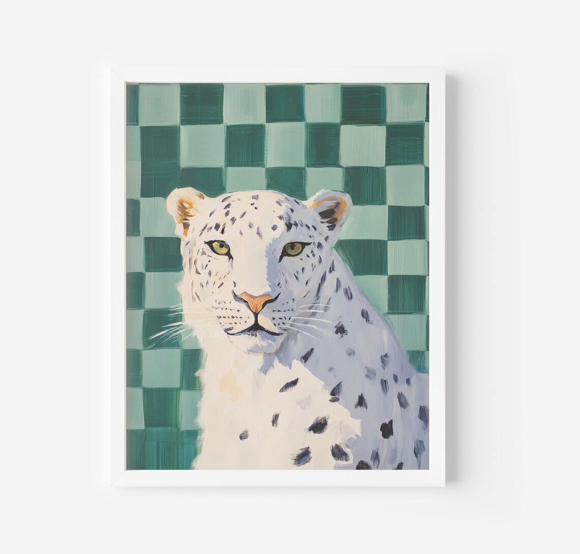 White Leopard on Green Checkered Background Pop Art Big Cat Decor Poster