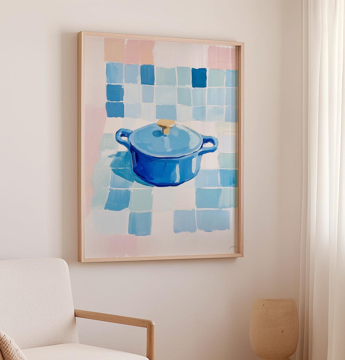 Blue Dutch Oven Pot on Checkered Cloth Cozy Kitchen Still Life Poster - Image 2