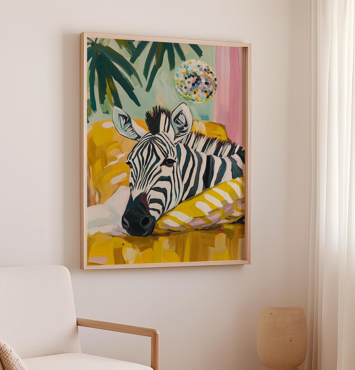 Sleepy Zebra Resting on Yellow Pillow Tropical Bedroom Cozy Safari Poster - Image 3