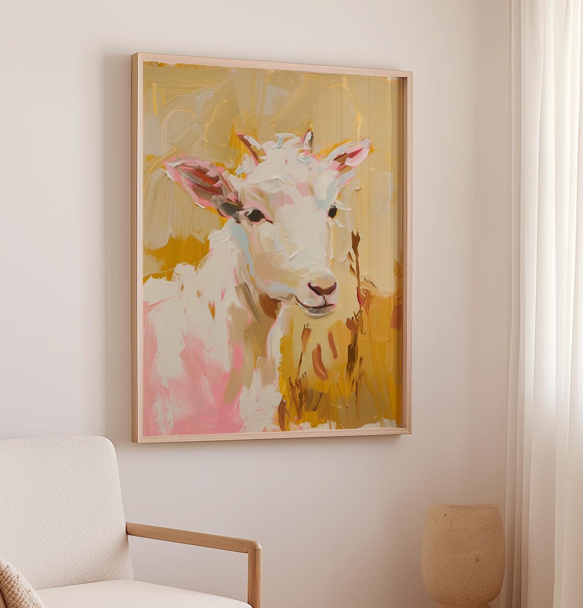 Sweet Baby Goat Portrait In Golden Pastel Farmhouse Art Poster - Image 2