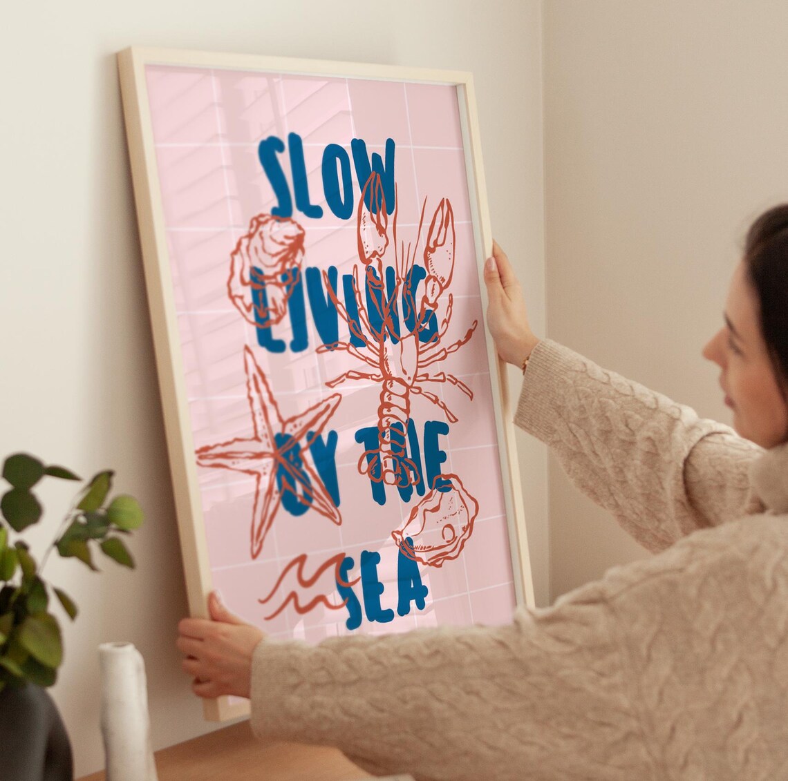 Slow Living By The Sea Pink Tile Lobster Shell Coastal Quote Poster - Image 4
