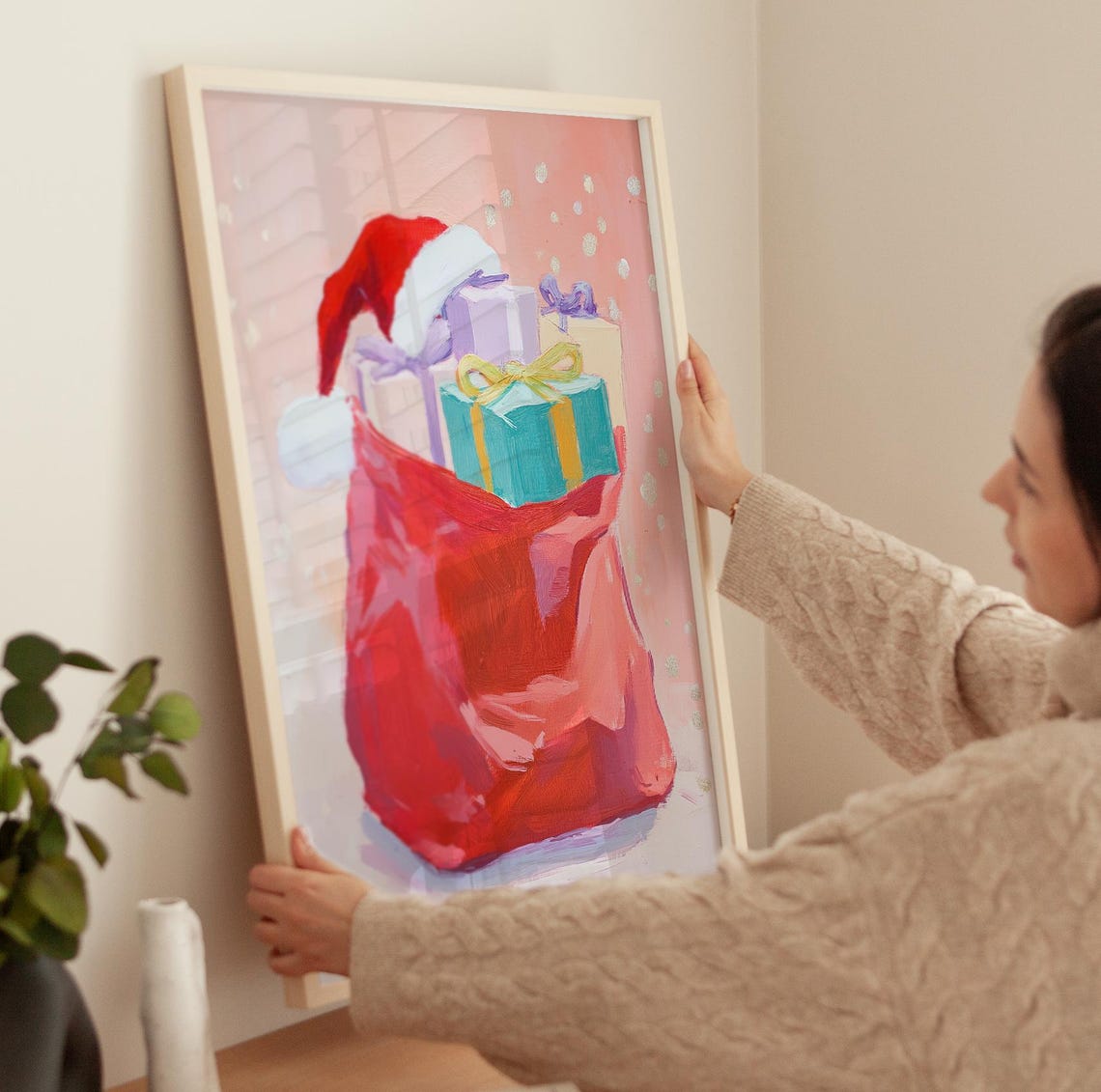 Santa Presents Print Bag Of Toys Print Santa Gift Sack Wall Art Vintage Santa Print Pink Christmas Art Bag Of Gifts Wall Decor Fine Art