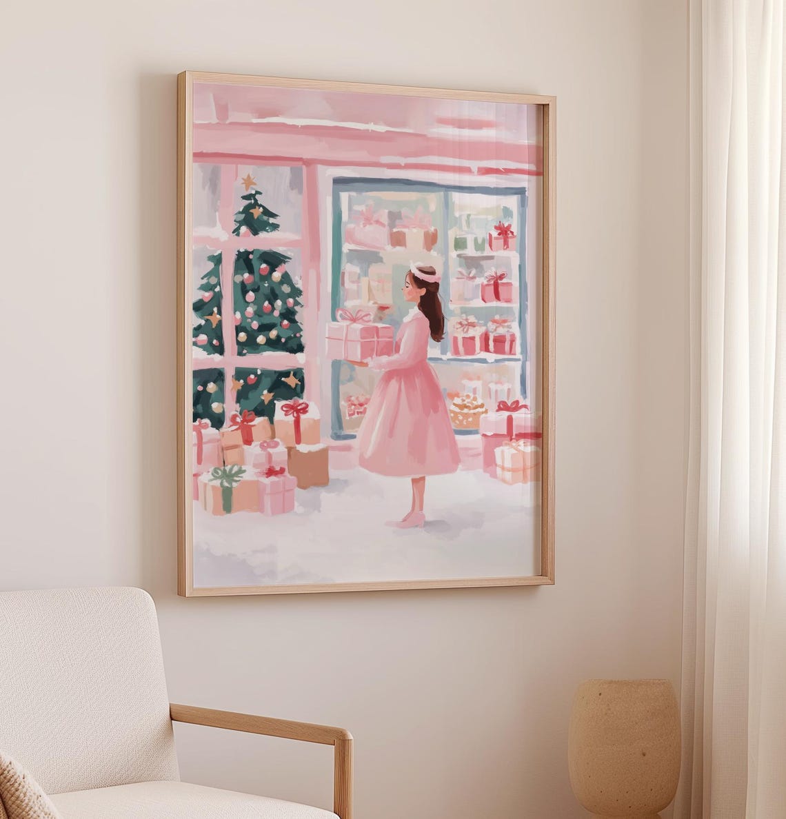 Snowy Christmas Gift Shop Poster Gift Store Print Pink Christmas Art Festive Market In Snowy Town Print Girls Bedroom Christmas Print - Image 2