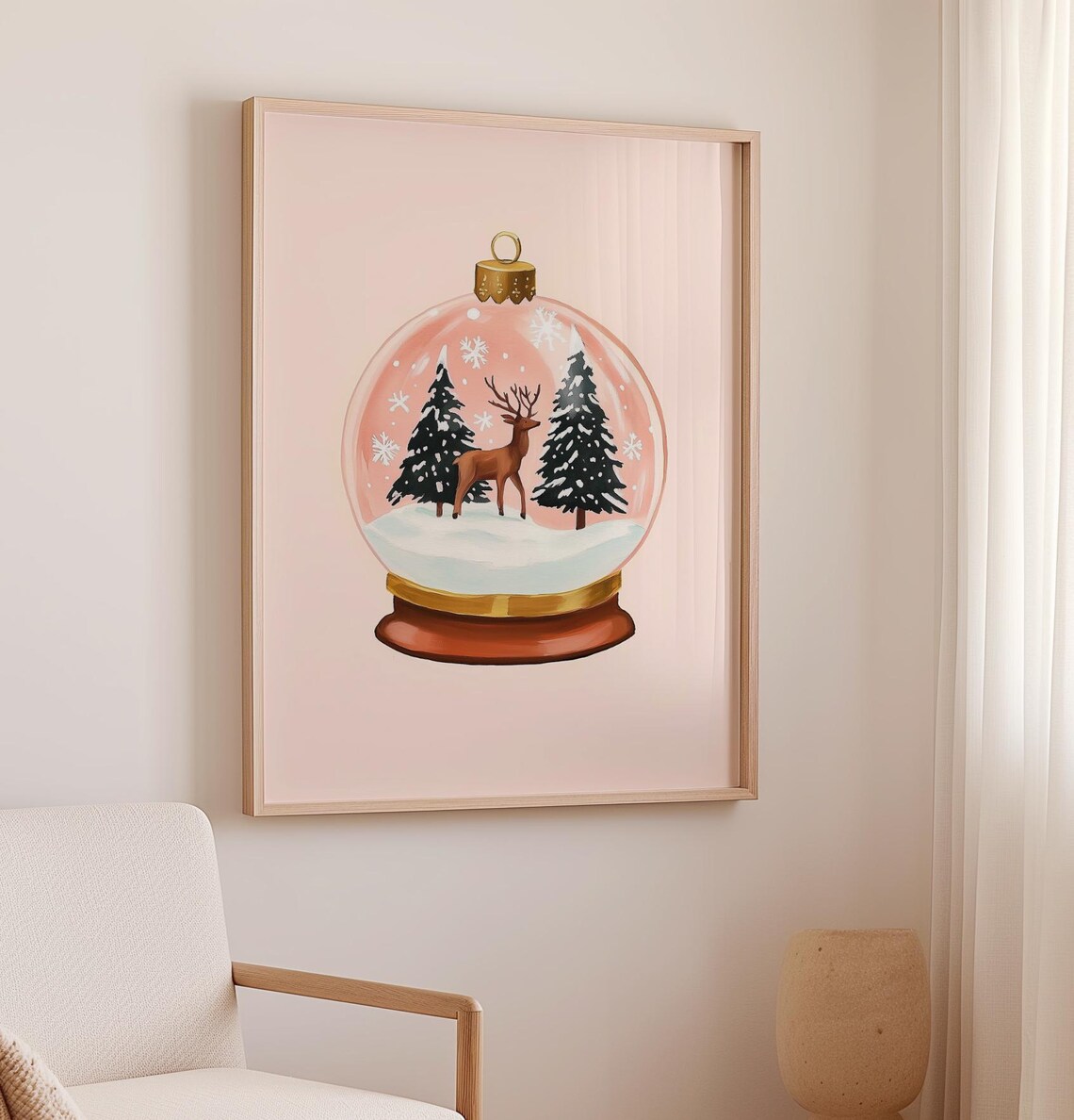 Pink Snow Globe With Deer And Pine Trees Blush Christmas Poster - Image 2