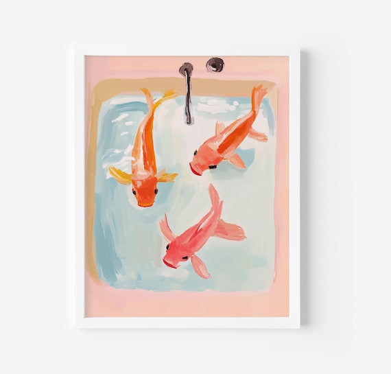 Koi Fish Swimming In A Bathtub Bathroom Decor Fish Bathroom Print Still Life Bathroom Wall Art Soft Colours Wall Decor Retro Art Prints