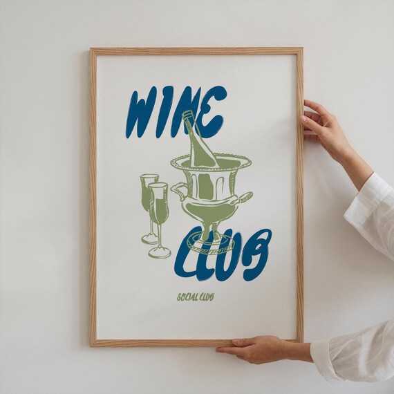 Wine Club Social Club Print Champagne Bucket Retro Green Blue Art Poster