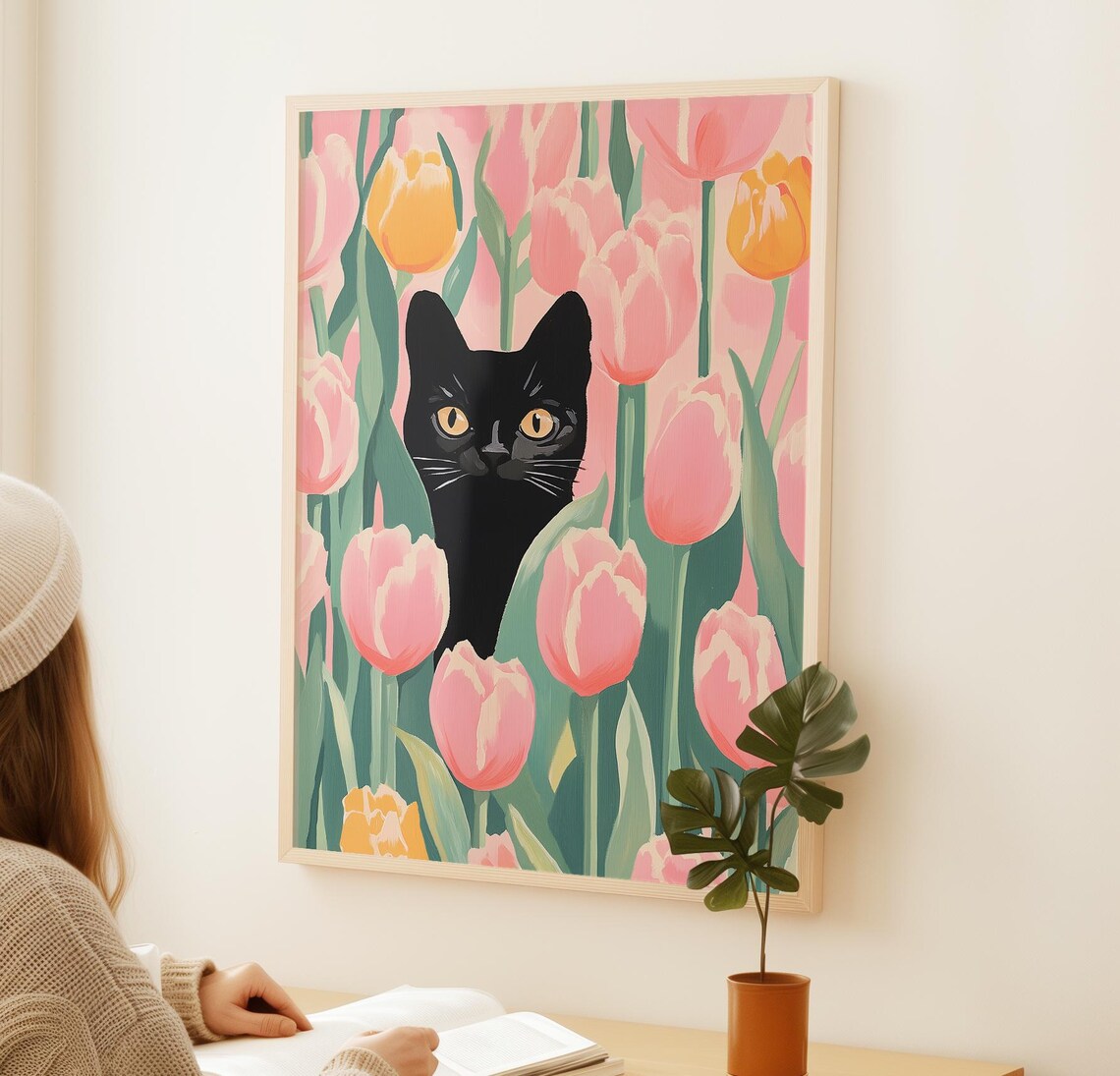 Black Cat and Tulip Garden Trendy Cat Art Print - Image 3