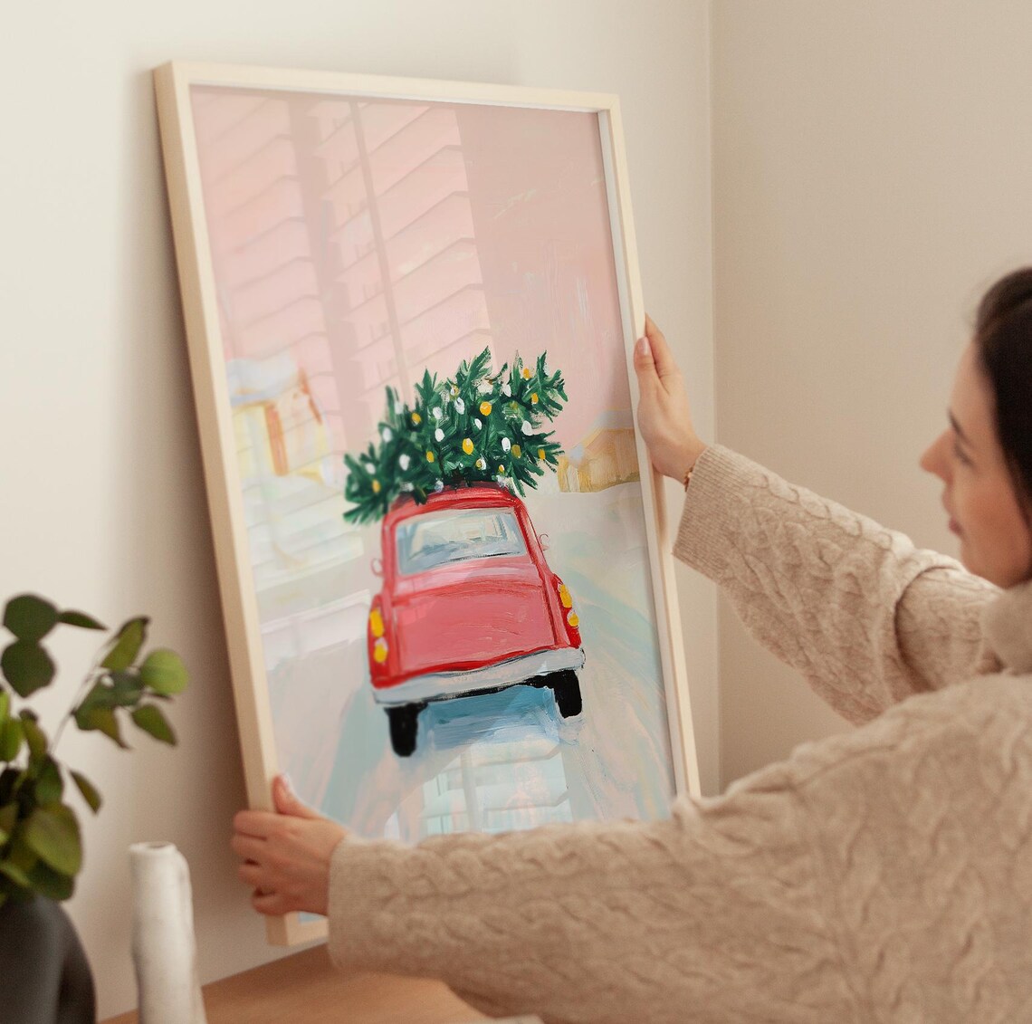 Red Vintage Car Carrying A Christmas Tree Through Snow Poster - Image 3
