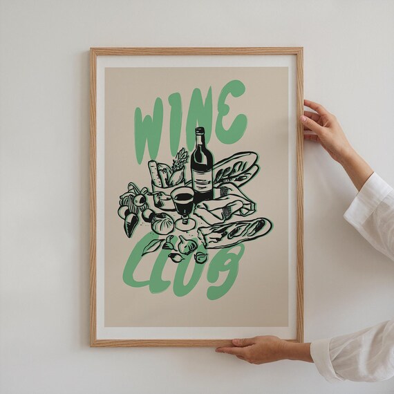 Wine Club Picnic Feast Green Retro Lettering Wine Bottle Art Poster