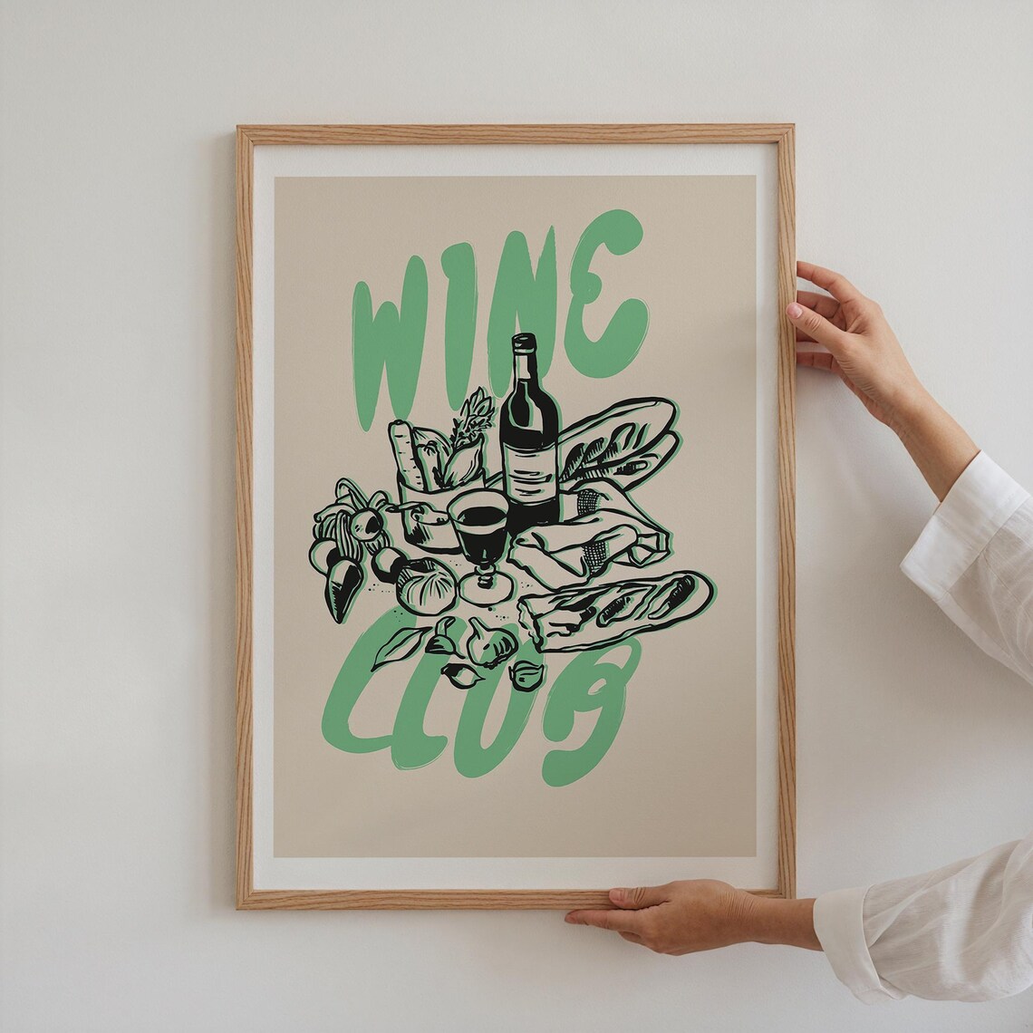 Wine Club Picnic Feast Green Retro Lettering Wine Bottle Art Poster
