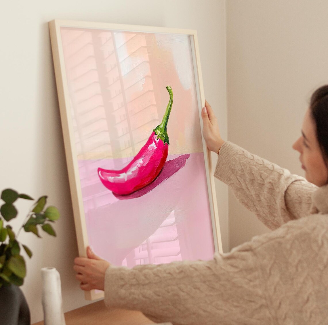 Pink Chili Pepper Minimalist Spice Kitchen Food Art Painting Poster - Image 3