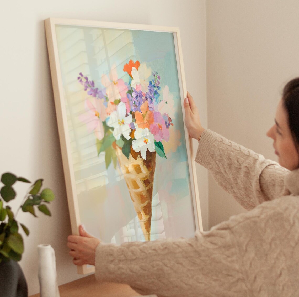 Flower Bouquet in Ice Cream Waffle Cone Whimsical Sweet Art Poster - Image 2