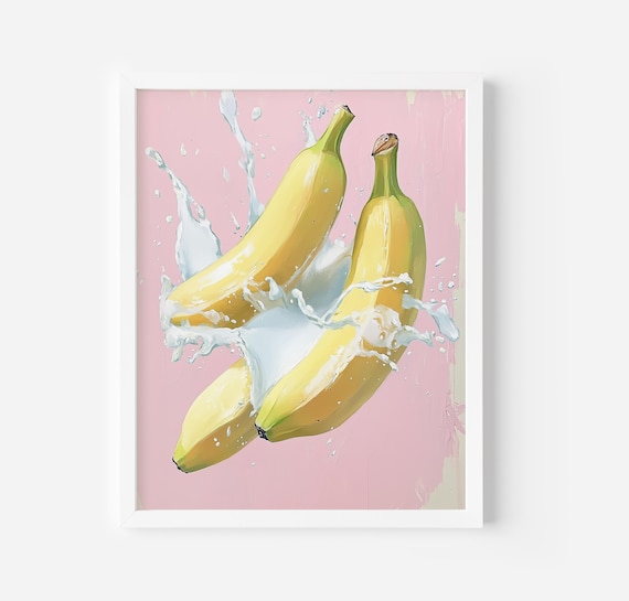 Bananas Cute Kitchen Decor Minimalist Fruit Poster Milk And Bananas Print Banana Art Print Pastel Painting