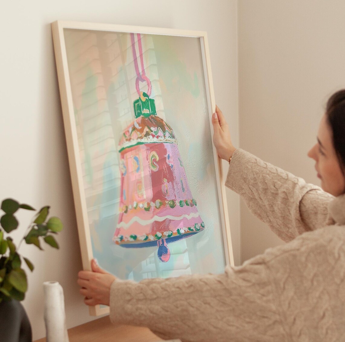 Pink Christmas Bell Ornament Painting Pastel Holiday Art Poster