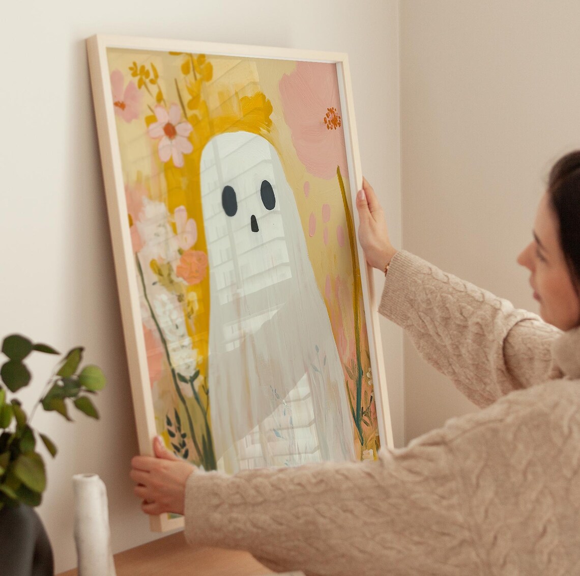 Cute Ghost Among Tall Autumn Flowers Pastel Fall Halloween Poster - Image 3