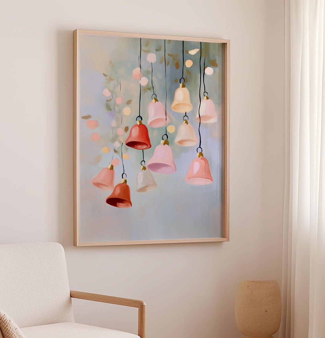 Christmas Bells Painting With Holly, Vintage Holiday Print - Image 3